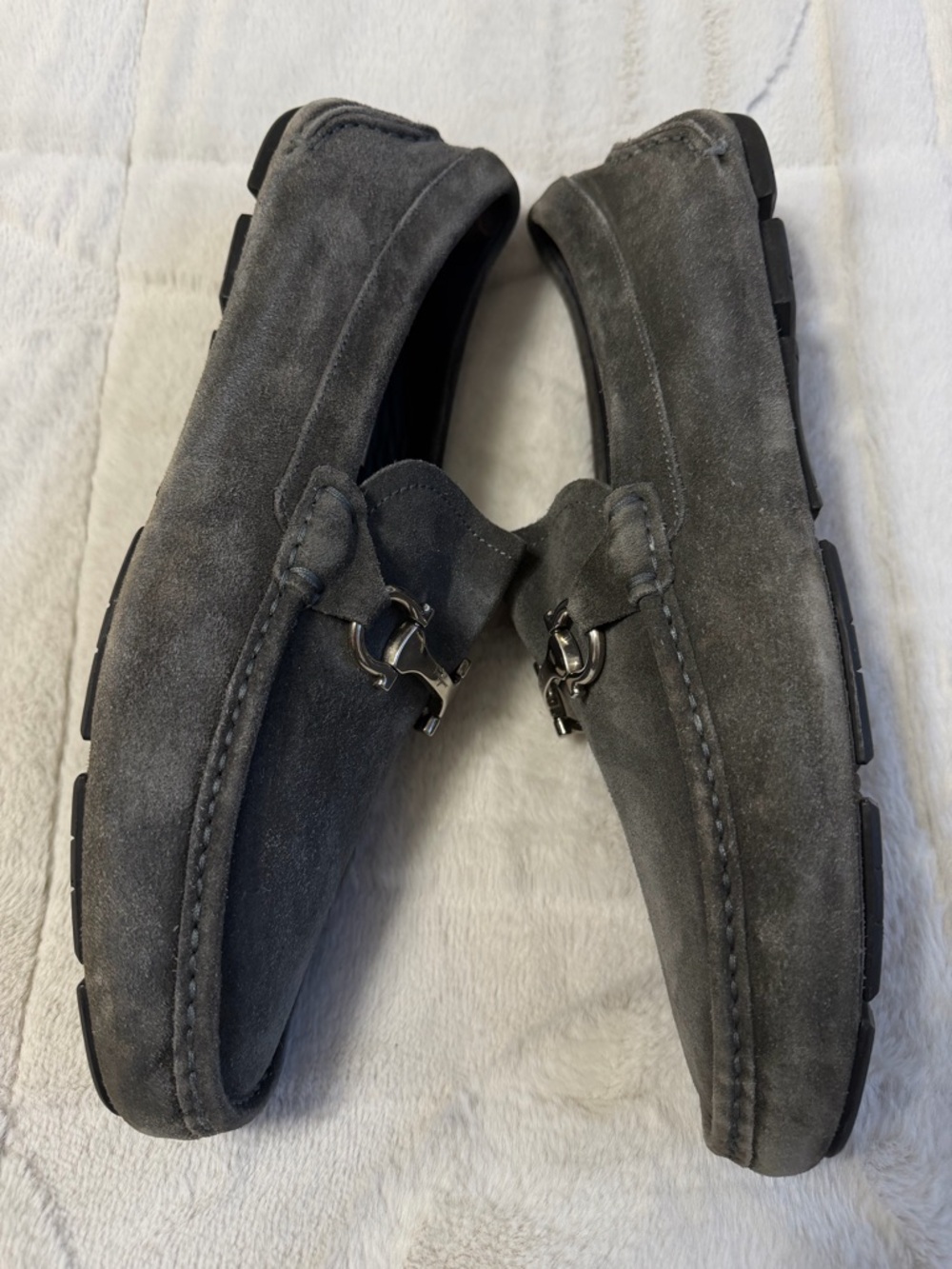 $850 Salvatore Ferragamo Gancini Ornament Bit Suede Driving Loafers Gray 10 11 - Picture 2 of 16